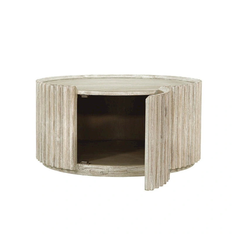 Round Solid Acacia Wood Coffee Table with Hidden Storage Door | Coastal Style