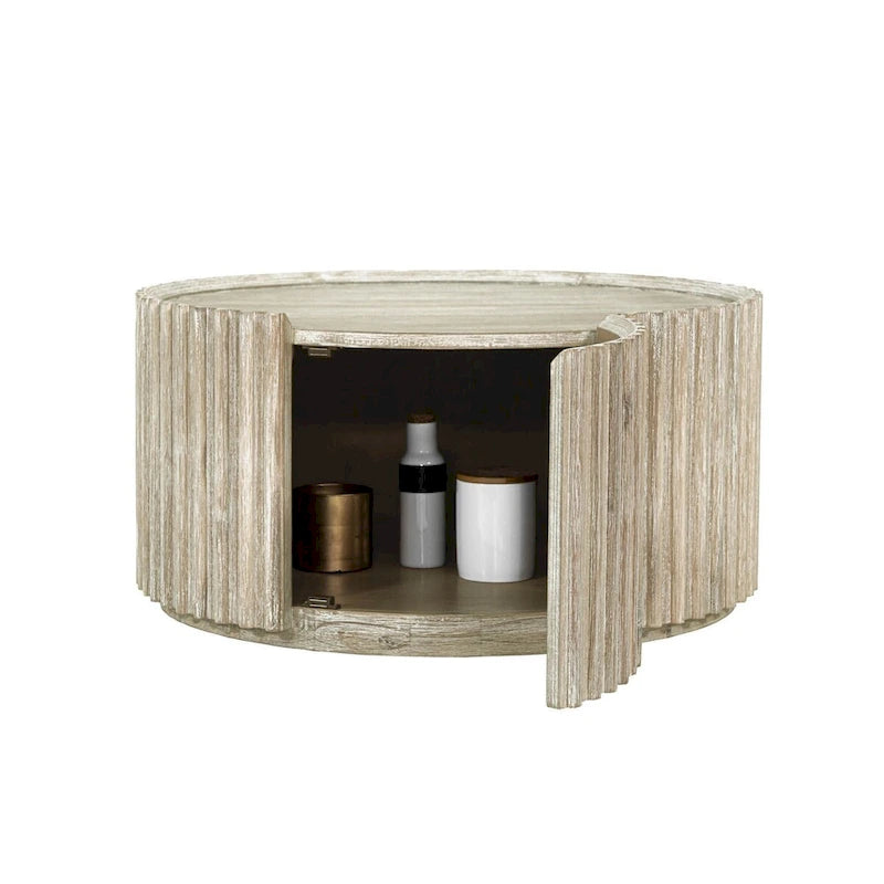 Round Solid Acacia Wood Coffee Table with Hidden Storage Door | Coastal Style