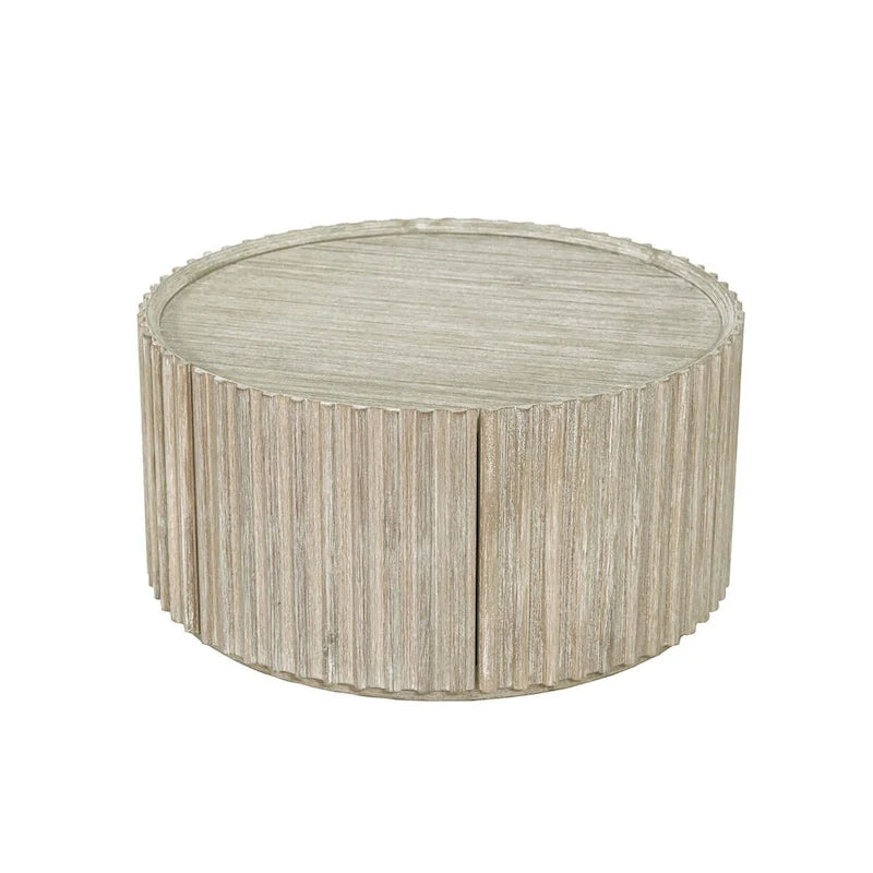 Round Solid Acacia Wood Coffee Table with Hidden Storage Door | Coastal Style
