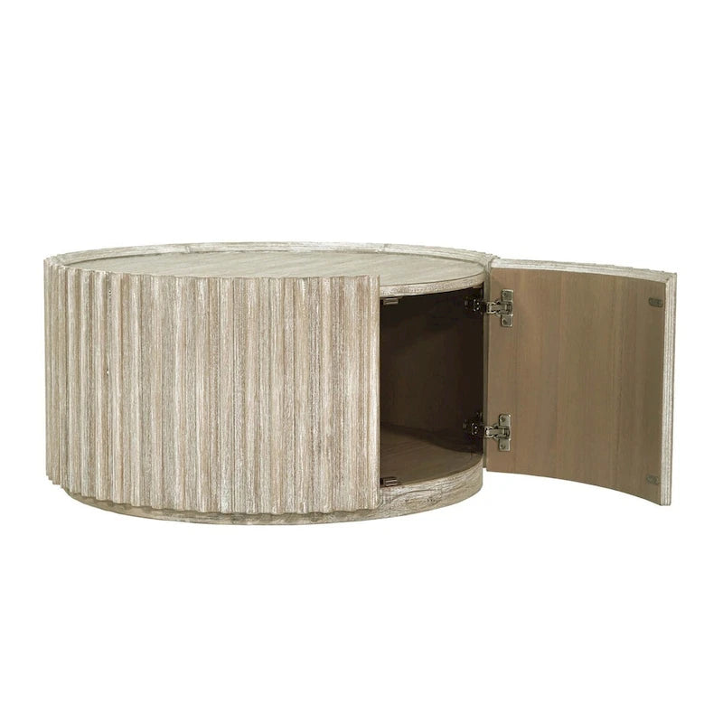 Round Solid Acacia Wood Coffee Table with Hidden Storage Door | Coastal Style