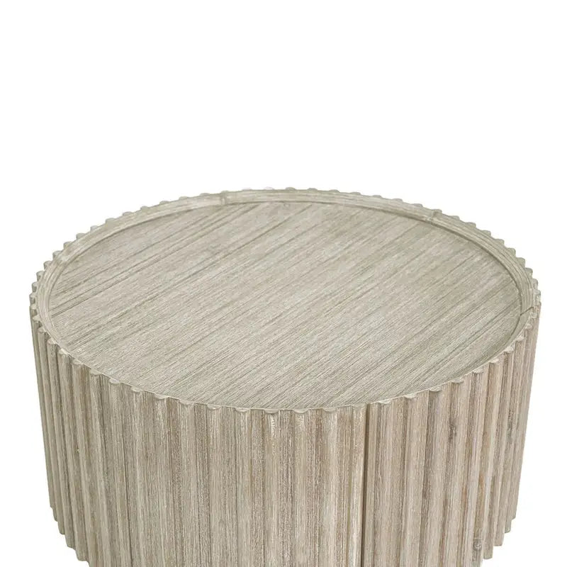 Round Solid Acacia Wood Coffee Table with Hidden Storage Door | Coastal Style