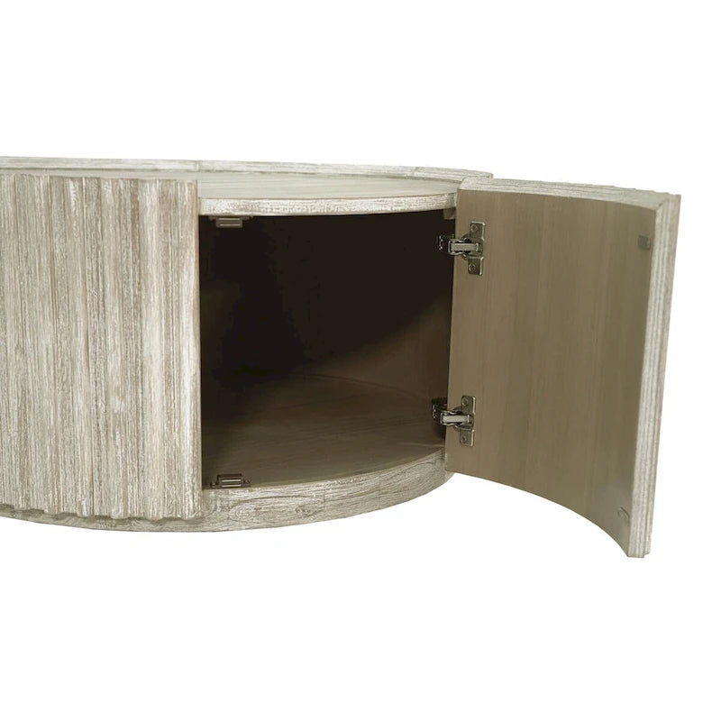 Round Solid Acacia Wood Coffee Table with Hidden Storage Door | Coastal Style