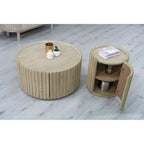 Round Solid Acacia Wood Coffee Table with Hidden Storage Door | Coastal Style