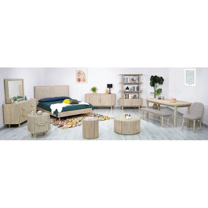 Round Solid Acacia Wood Coffee Table with Hidden Storage Door | Coastal Style