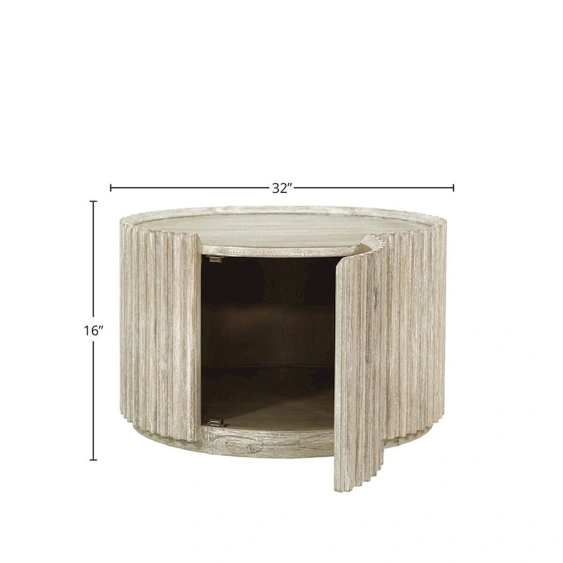 Round Solid Acacia Wood Coffee Table with Hidden Storage Door | Coastal Style
